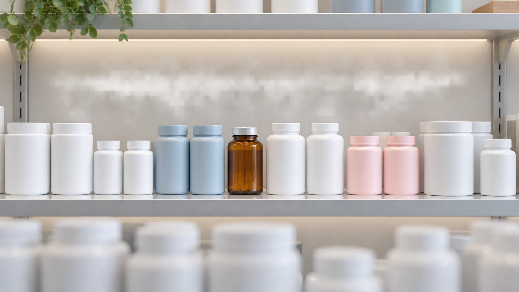 A row of wellness-brand merchandise repackaged with prenatal-themed labels on a bright retail shelf