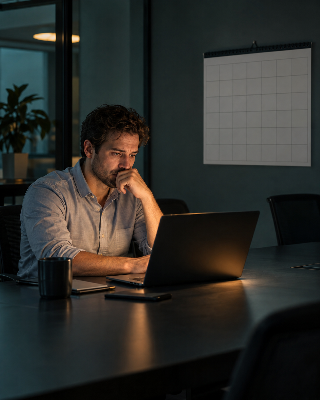 A worried office employee staring at a laptop screen in a dim conference room, calendar visible on the wall behind him
