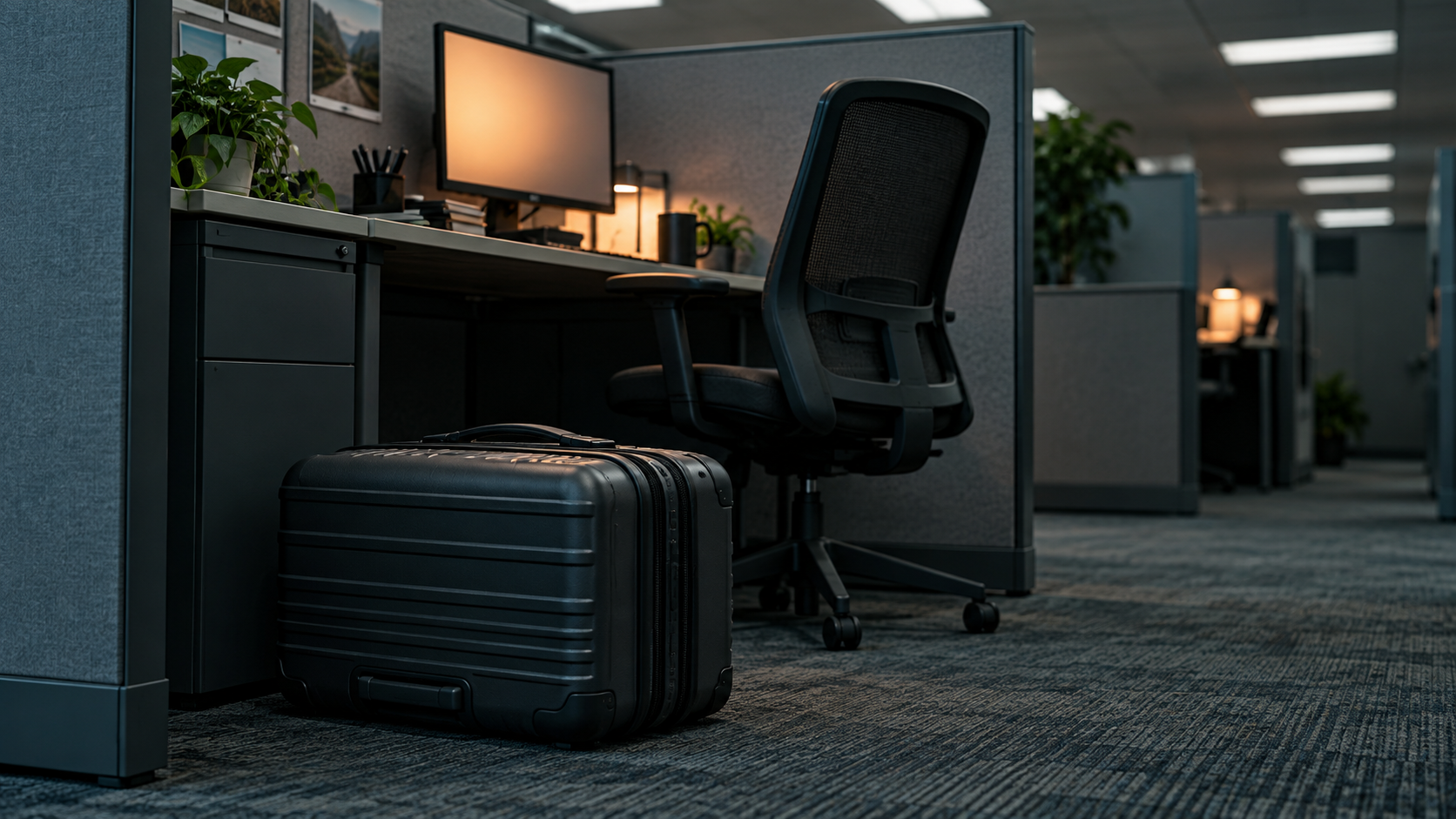 A packed suitcase sitting beside an office chair inside a cubicle, fluorescent lighting overhead
