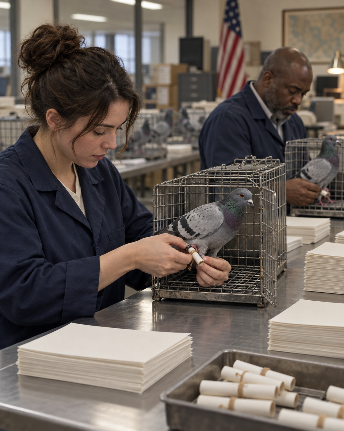 Workers at a converted DMV office untangle paper ballots from the legs of returning pigeons at long metal tables