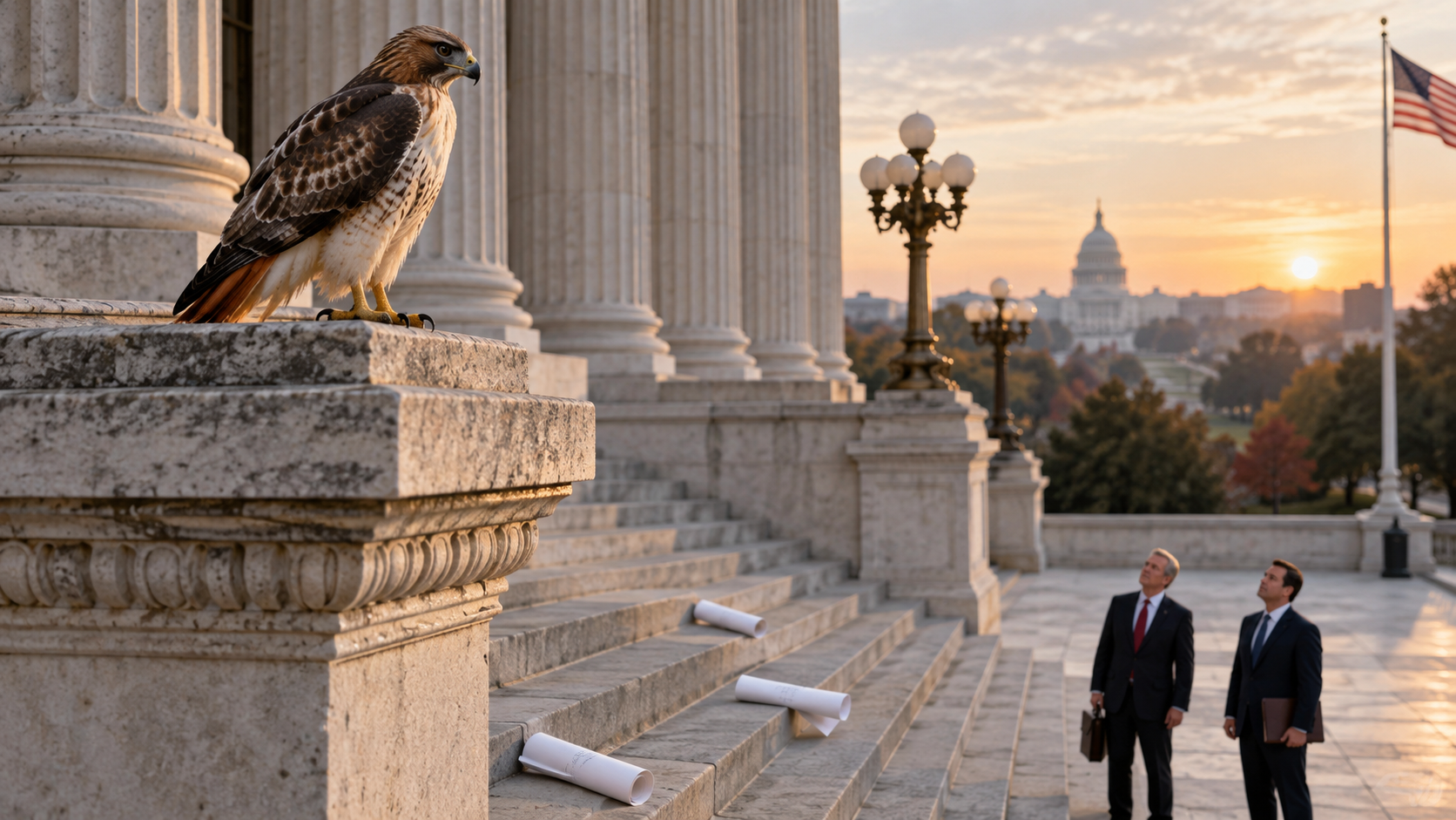 A red-tailed hawk perched on a courthouse ledge with scattered paper ballots below as officials look up from the steps