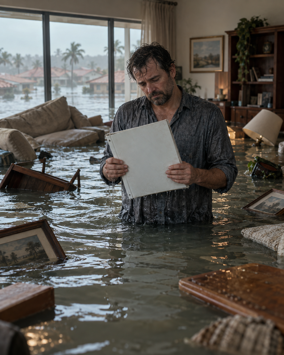A homeowner stands in flooded living room holding a soaked insurance binder above the waterline