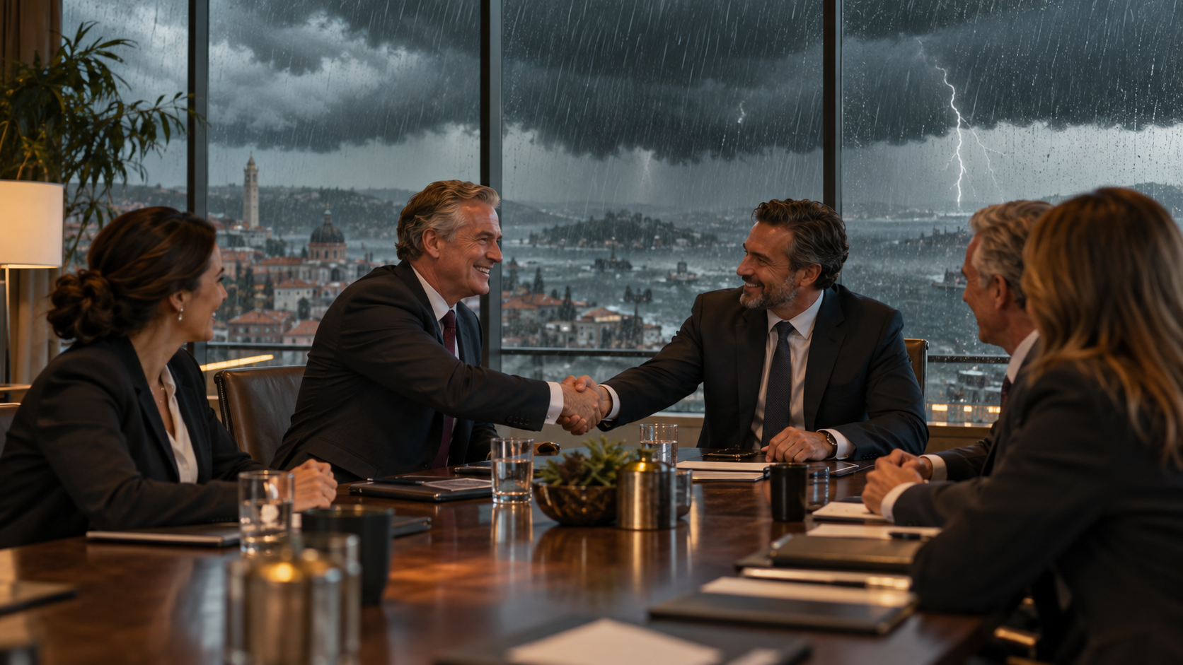 Insurance executives shake hands indoors while a storm rages outside a large window behind them