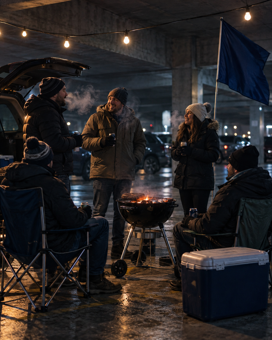 A small group tailgates in a parking garage at night around a portable grill, breath visible in the cold air