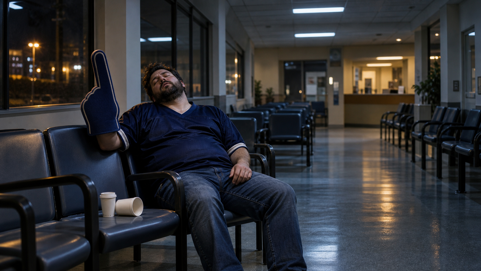 A hospital waiting room at night, a man in a foam finger and jersey slumped asleep in a chair under fluorescent light