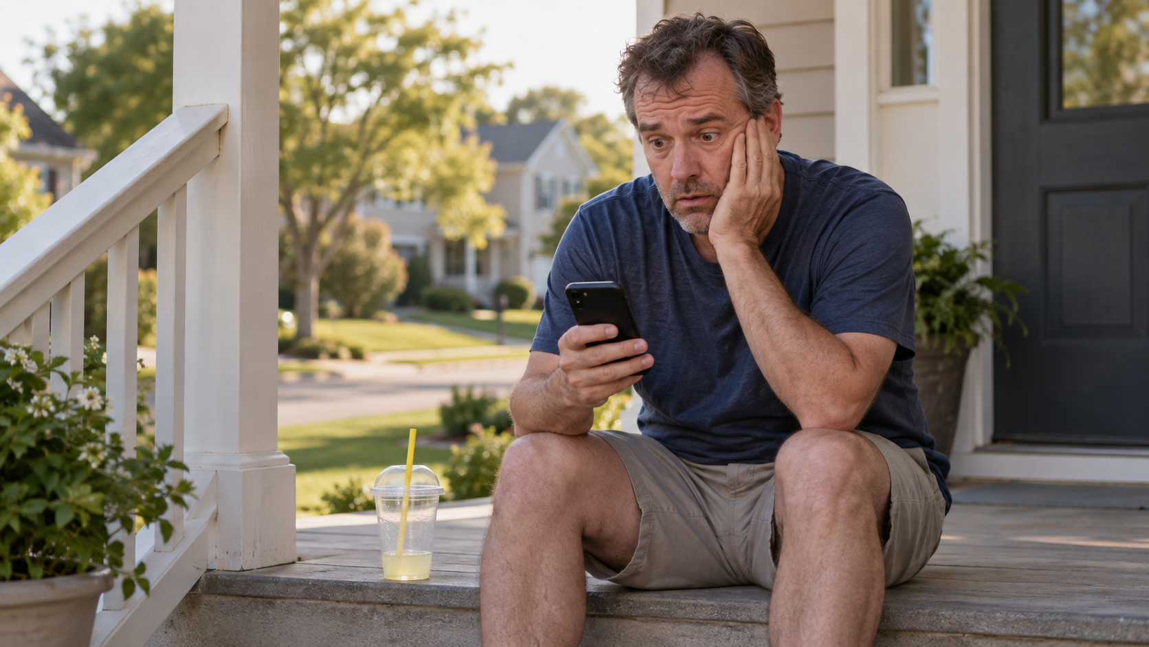 A suburban man on his porch staring at a phone notification about a quarterly growth webinar from a lemonade company