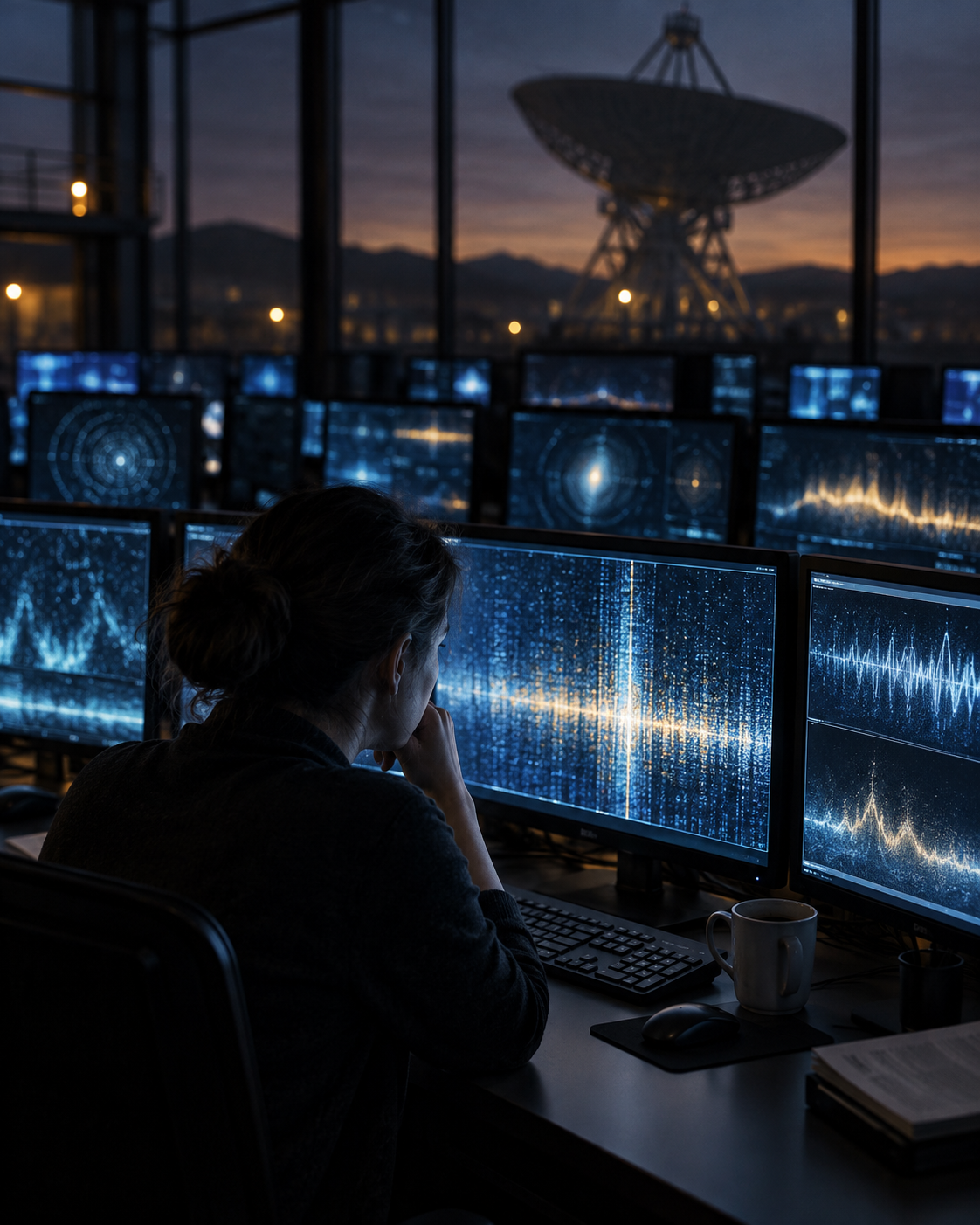 Mission control room with rows of monitors, a lone analyst staring at a scrolling wall of text, coffee cup beside the console