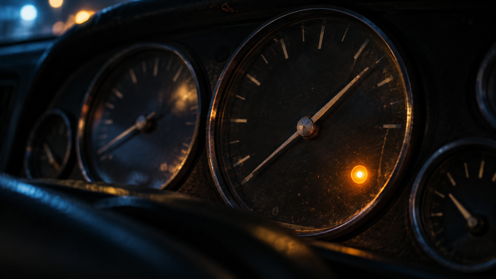 Close-up of an antique car dashboard warning light glowing amber against a dark interior