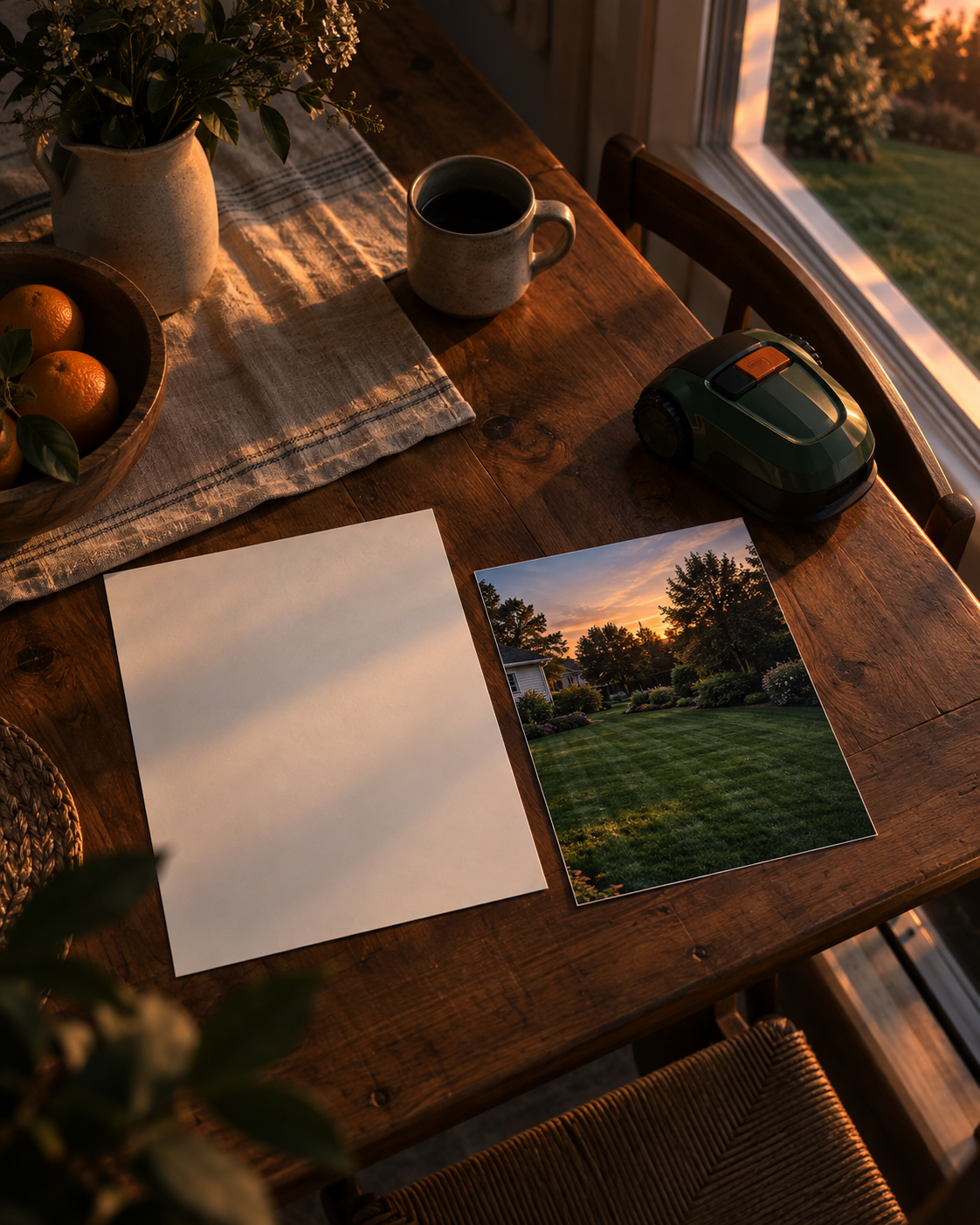 A homeowners association letter and a printed violation photo on a kitchen table, with a small toy lawnmower resting beside them