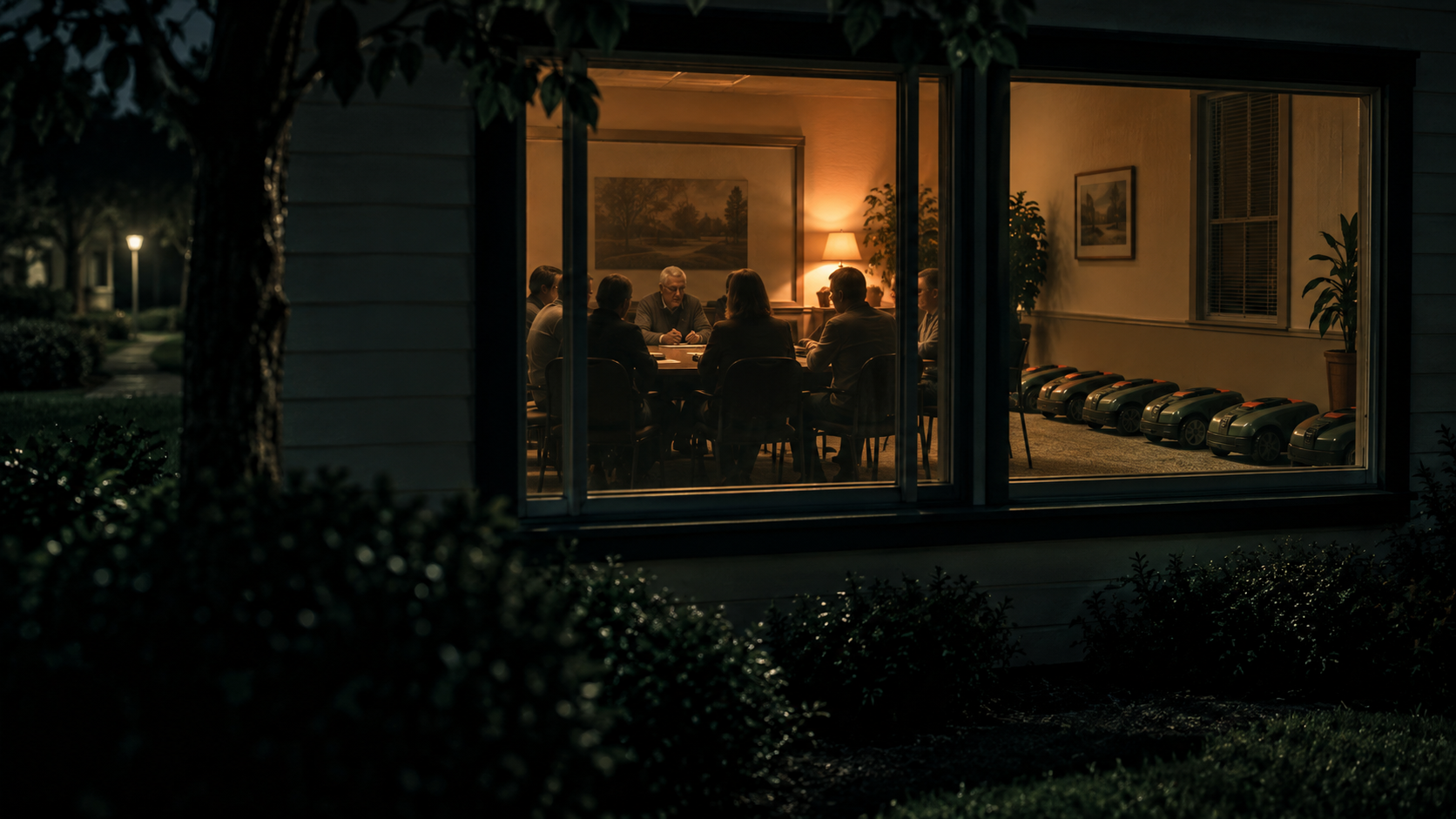 An HOA board meeting room at night with several small robotic lawnmowers parked in a row along the wall, seen through a window