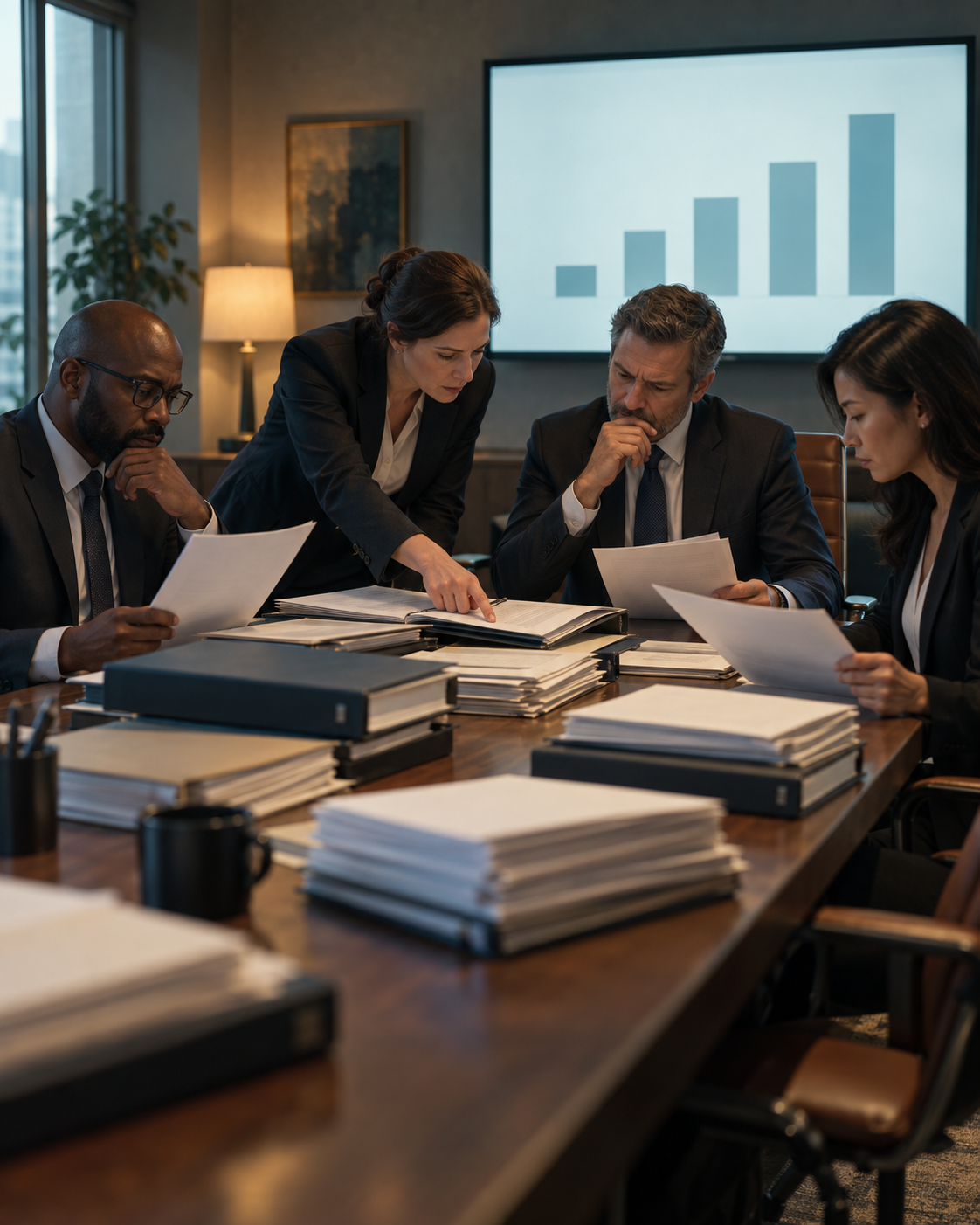 A grant committee reviews replication funding proposals around a boardroom table stacked with folders