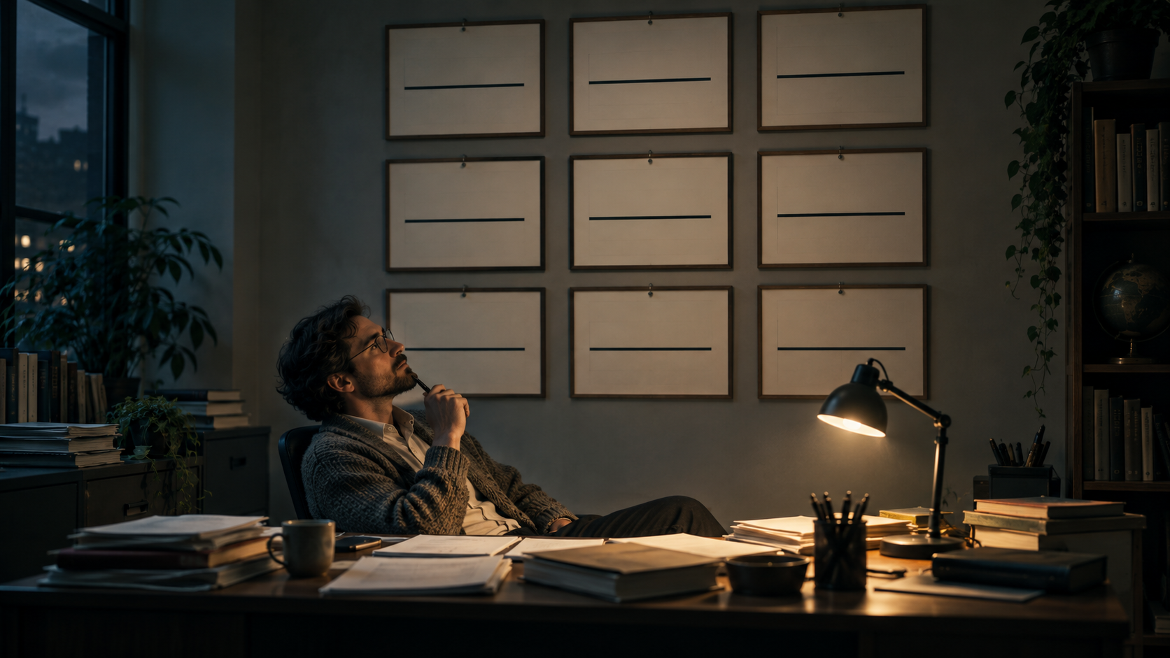 A lone researcher at night surrounded by nine identical charts showing flat lines pinned to an office wall