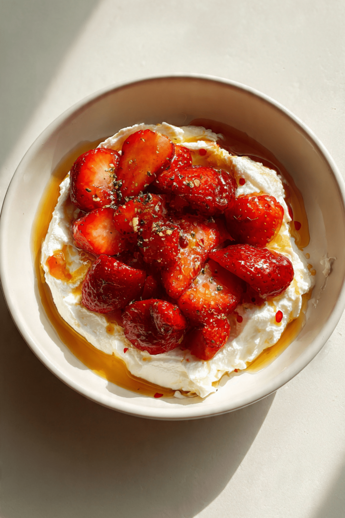 Whipped Feta with Warm Strawberries and Chili Honey