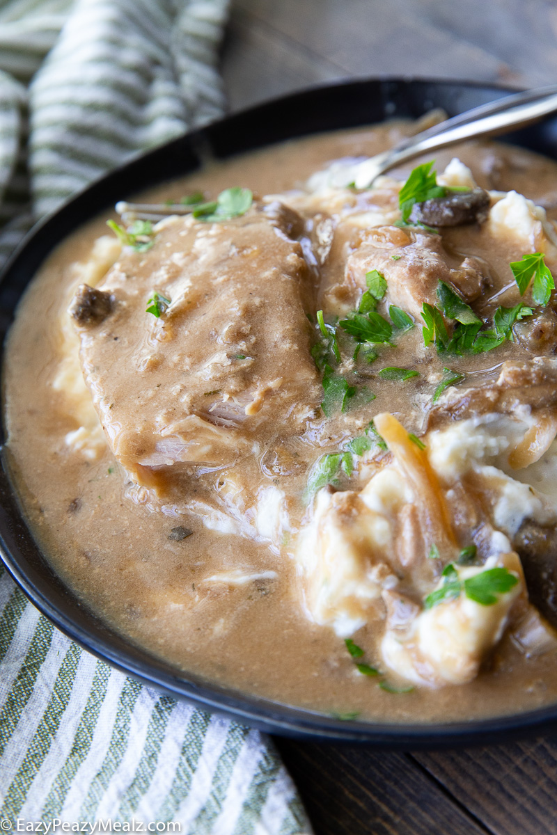Crockpot Ranch Pork Chops with Mushroom Gravy